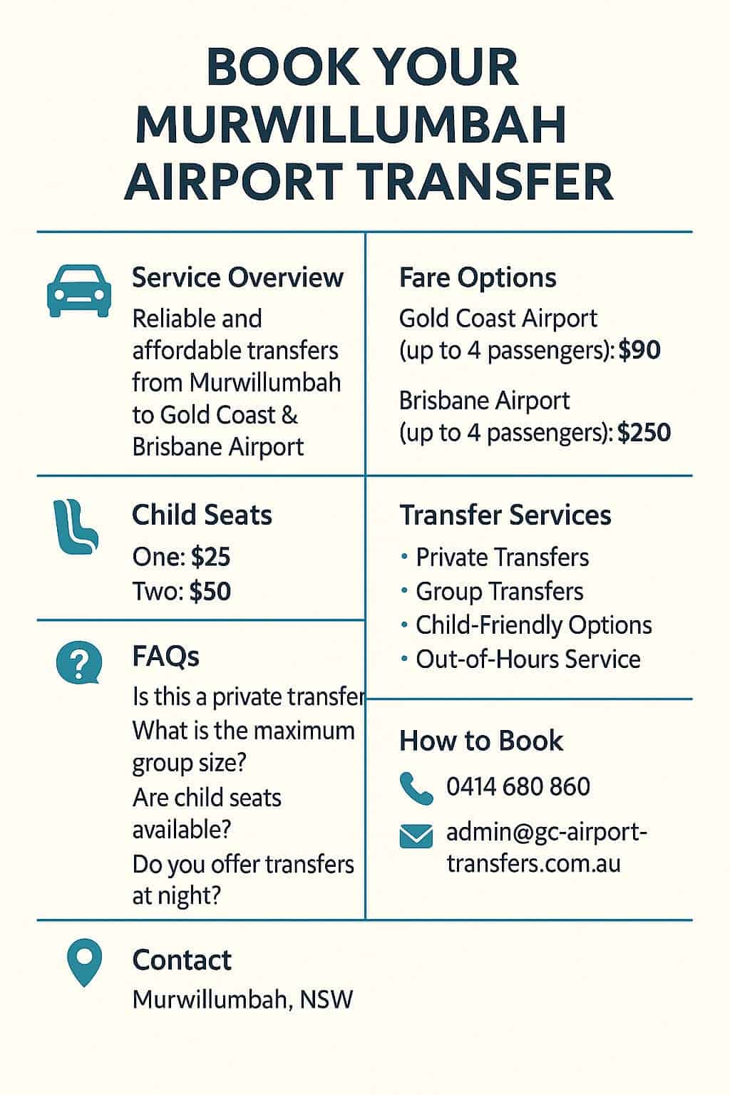 Murwillumbah Airport Transfers: $90 to Gold Coast, $250 to Brisbane Infographic for Murwillumbah airport transfers with fares, child seat pricing, services, FAQs, and booking contact details.