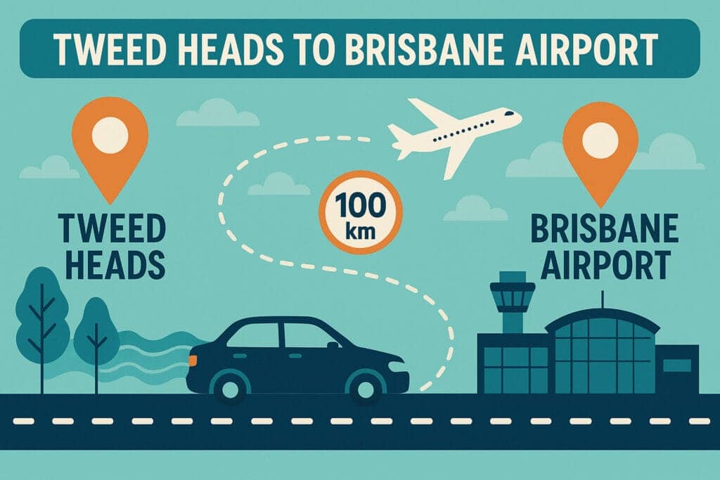Flat-style infographic showing a car route from Tweed Heads to Brisbane Airport with an airplane above and 100 km marker.