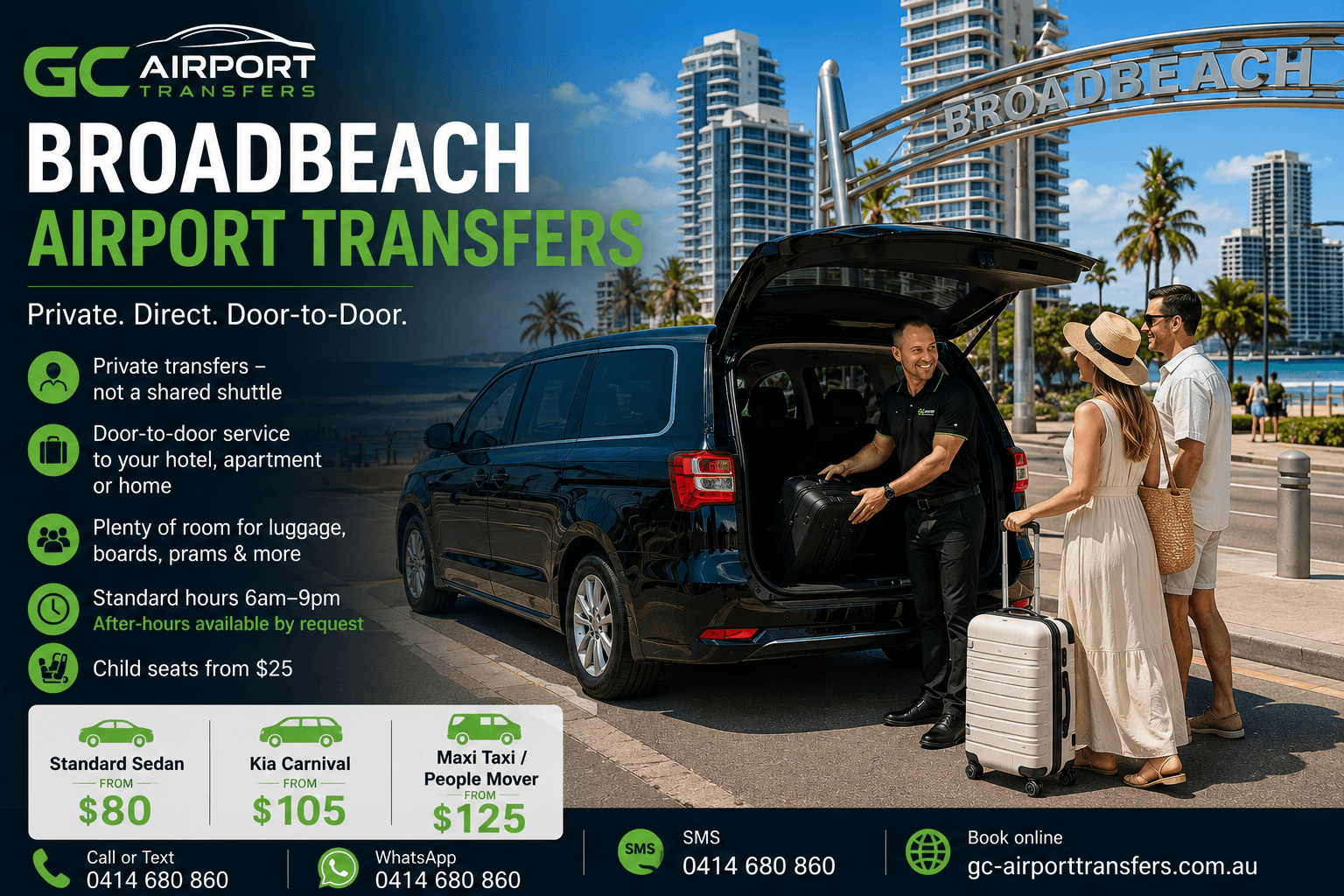 Private airport transfers Gold Coast — Sedan, Kia Carnival and Maxi Taxi options from Gold Coast Airport to Brisbane and Northern NSW