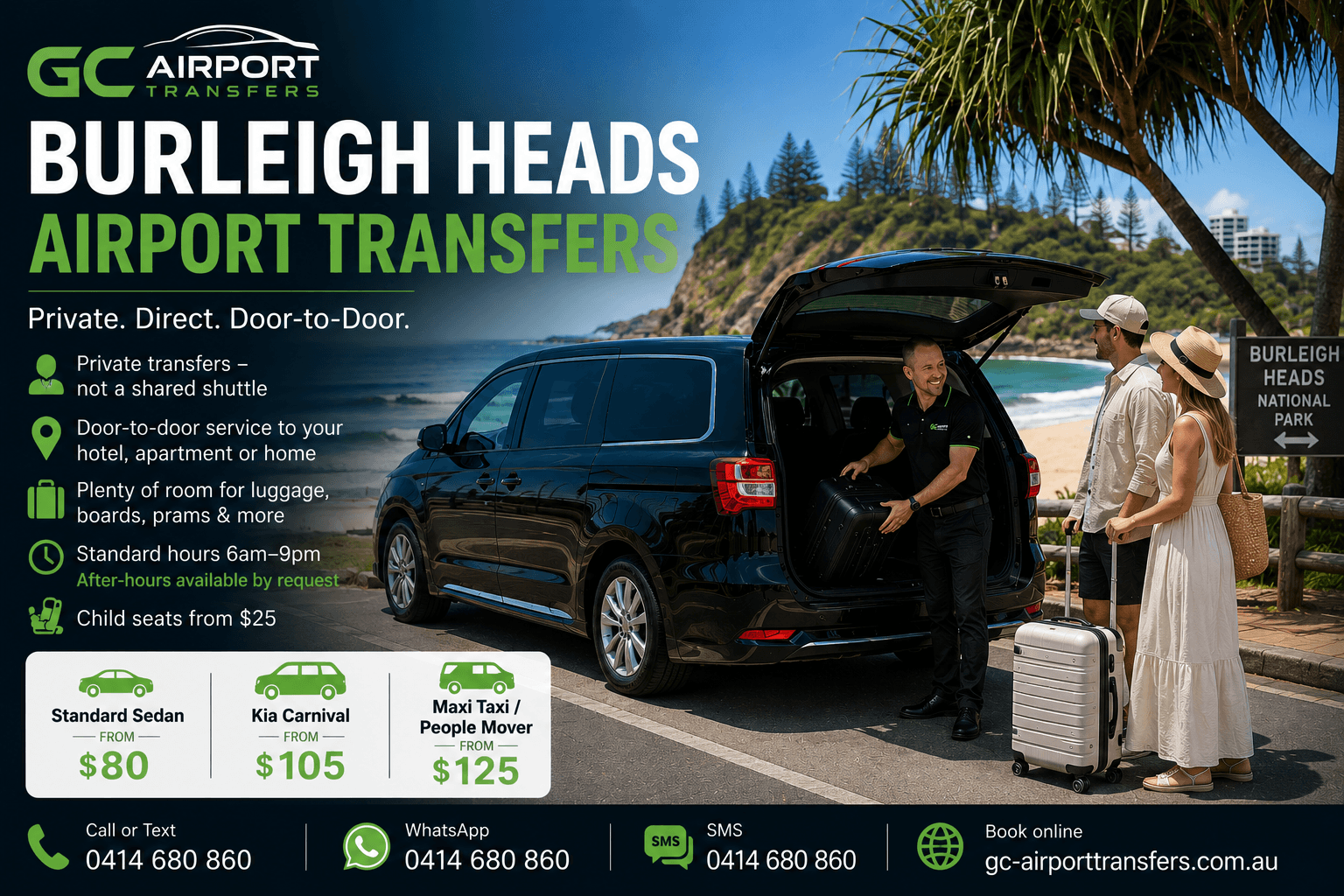 Burleigh Heads airport transfer — private door-to-door service from Gold Coast Airport