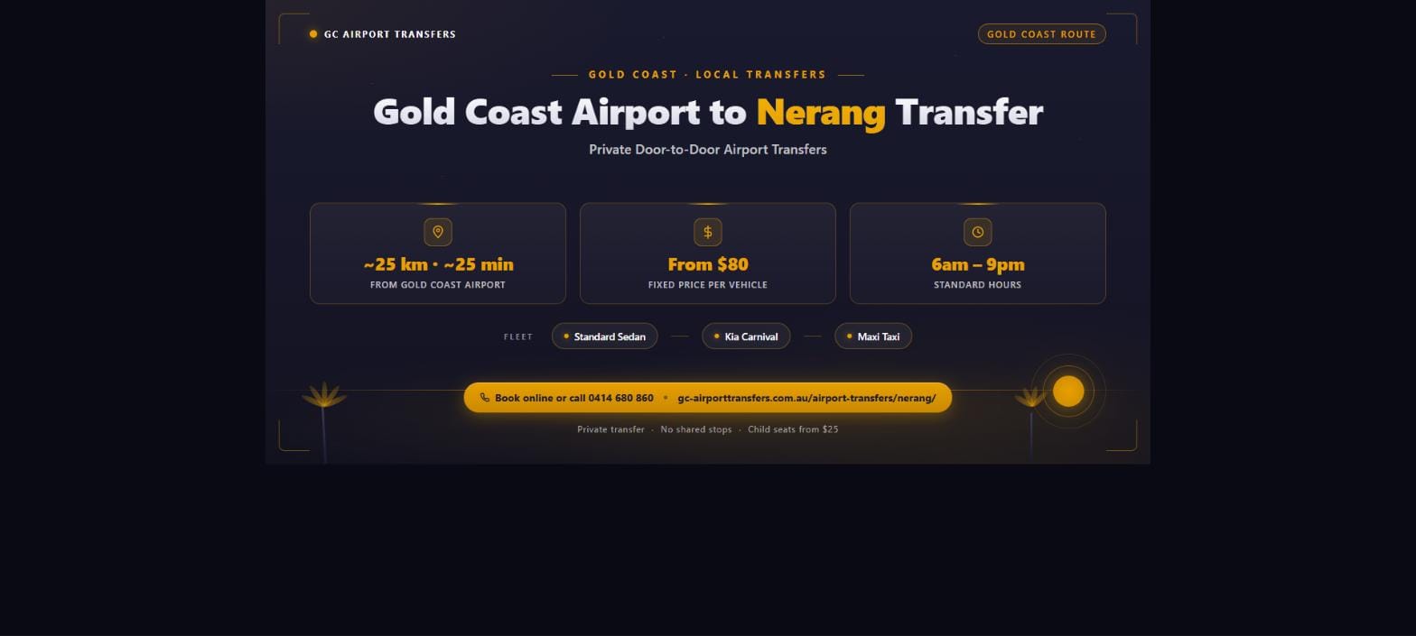 Gold Coast Airport to Nerang transfer — private door-to-door airport transfers