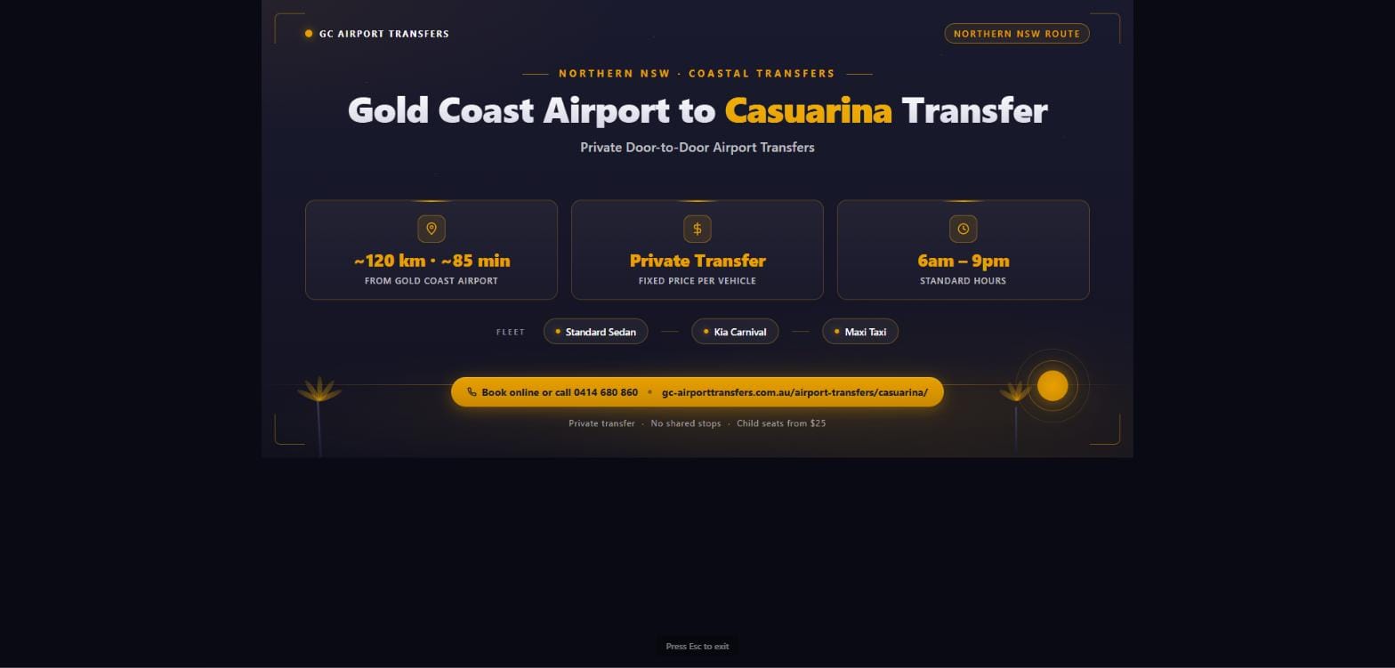 Gold Coast Airport to Casuarina private transfer — door-to-door airport car service Northern NSW